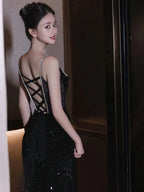Sexy Mermaid Spaghetti Straps Sequin Black Long Formal Prom Dresses