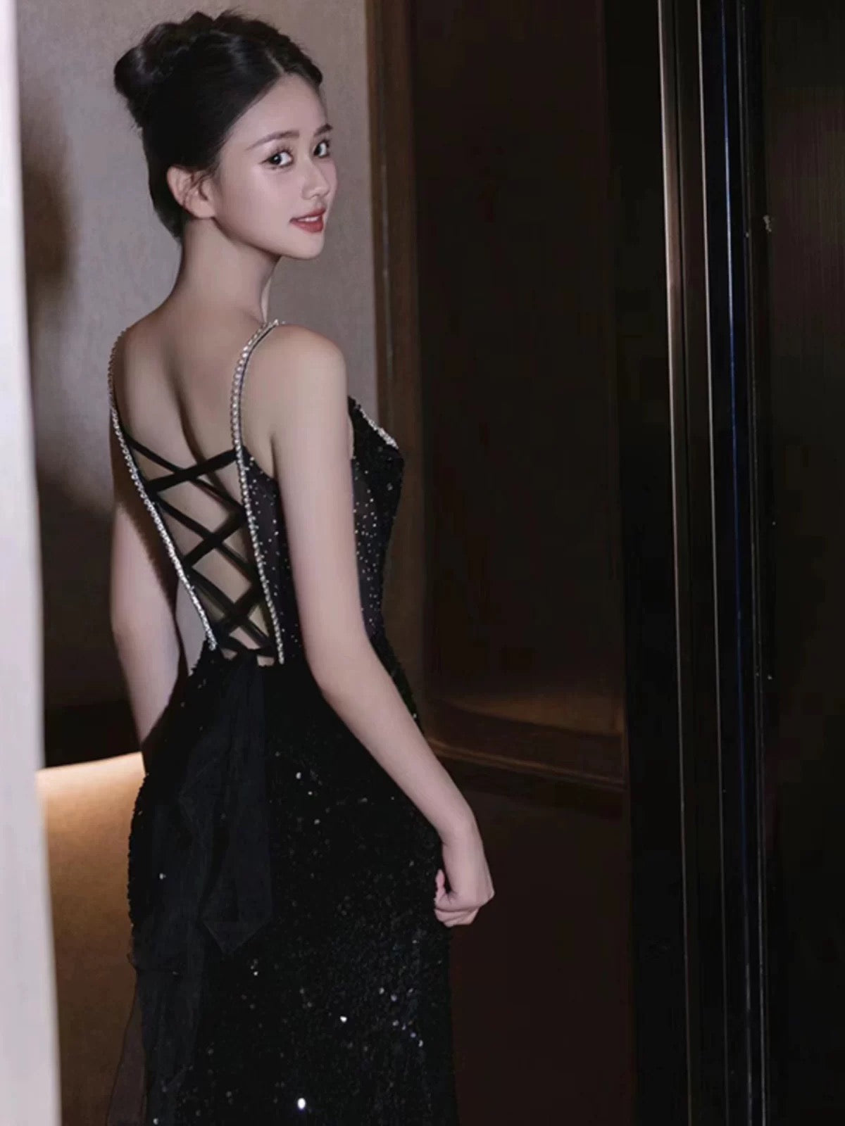 Sexy Mermaid Spaghetti Straps Sequin Black Long Formal Prom Dresses