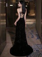 Sexy Mermaid Spaghetti Straps Sequin Black Long Formal Prom Dresses