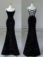 Sexy Mermaid Spaghetti Straps Sequin Black Long Formal Prom Dresses