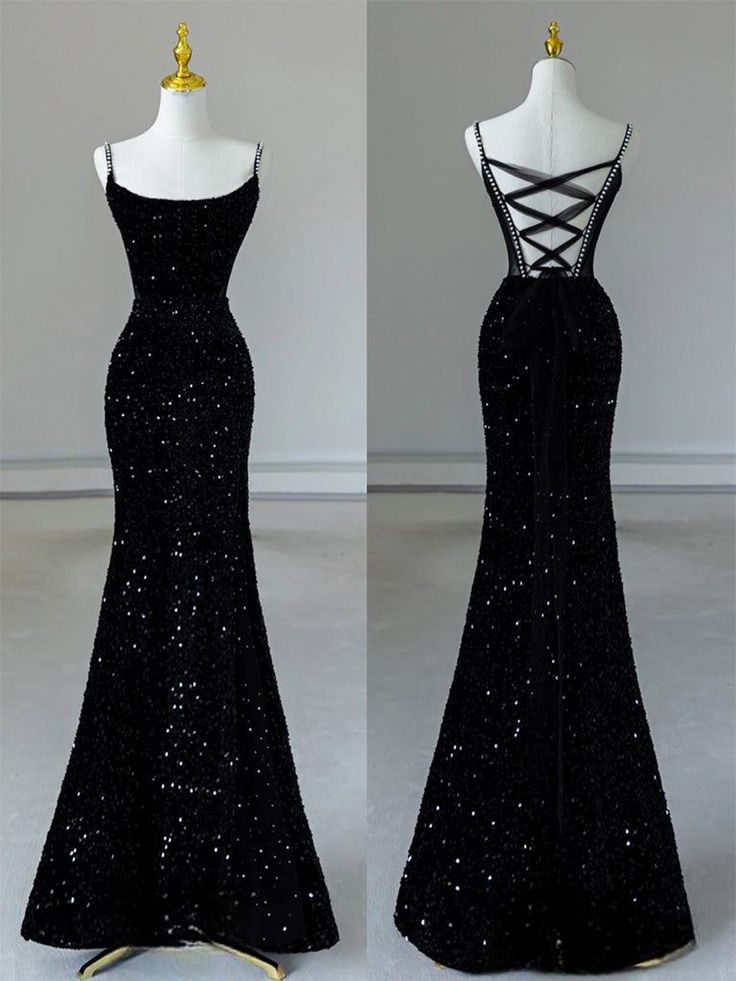 Sexy Mermaid Spaghetti Straps Sequin Black Long Formal Prom Dresses