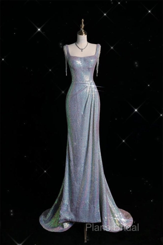 Sexy Mermaid Spaghetti Straps Sequin Silver Formal Gowns Long Formal Prom Dresses Secondary image
