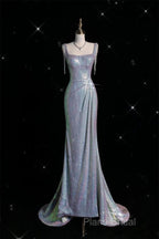 Sexy Mermaid Spaghetti Straps Sequin Silver Formal Gowns Long Formal Prom Dresses