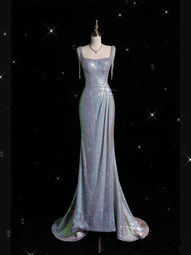 Sexy Mermaid Spaghetti Straps Sequin Silver Formal Evening Gowns Long Formal Prom Dresses