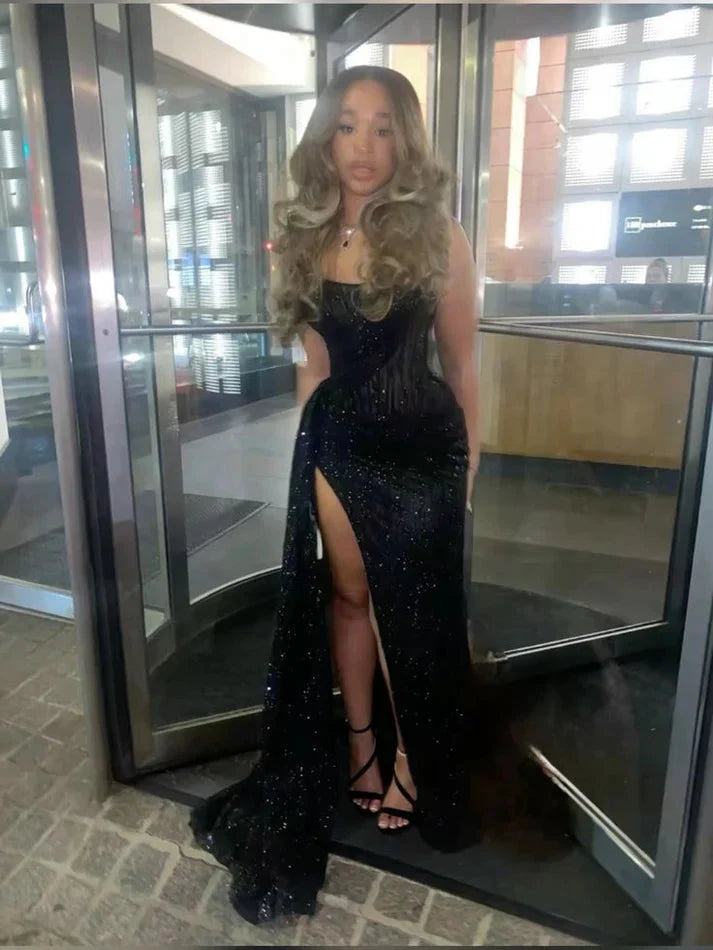 Sexy Mermaid Spaghetti Straps Sequin Slit Black Long Formal Prom Dresses Party Dresses