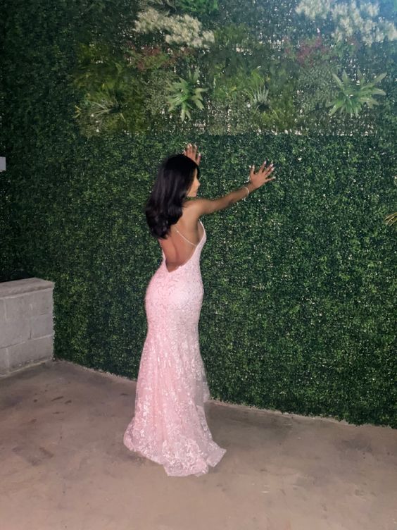 Sexy Mermaid Spaghetti Straps Sleeveless Lace Pink Formal Prom Dresses Birthday Outfit