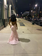 Sexy Mermaid Spaghetti Straps Sleeveless Lace Pink Formal Prom Dresses Birthday Outfit
