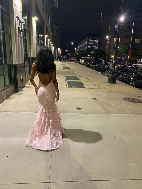 Sexy Mermaid Spaghetti Straps Sleeveless Lace Pink Formal Prom Dresses Birthday Outfit