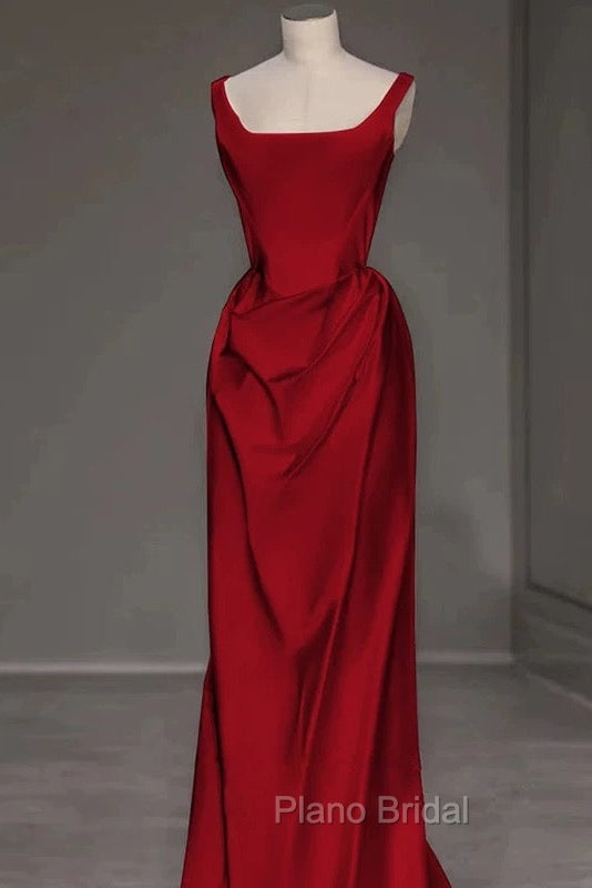 Sexy Mermaid Square Neckline Red Satin Floor Length Formal Prom Dresses Secondary image