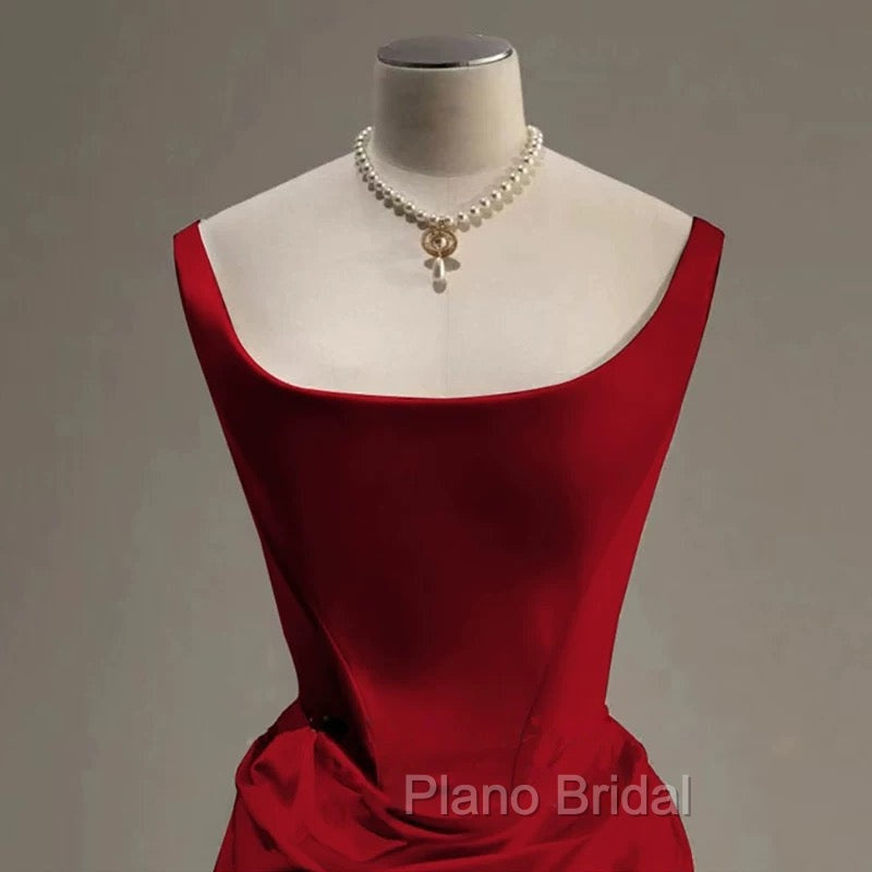 Sexy Mermaid Square Neckline Red Satin Floor Length Formal Prom Dresses