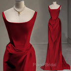 Sexy Mermaid Square Neckline Red Satin Floor Length Formal Prom Dresses