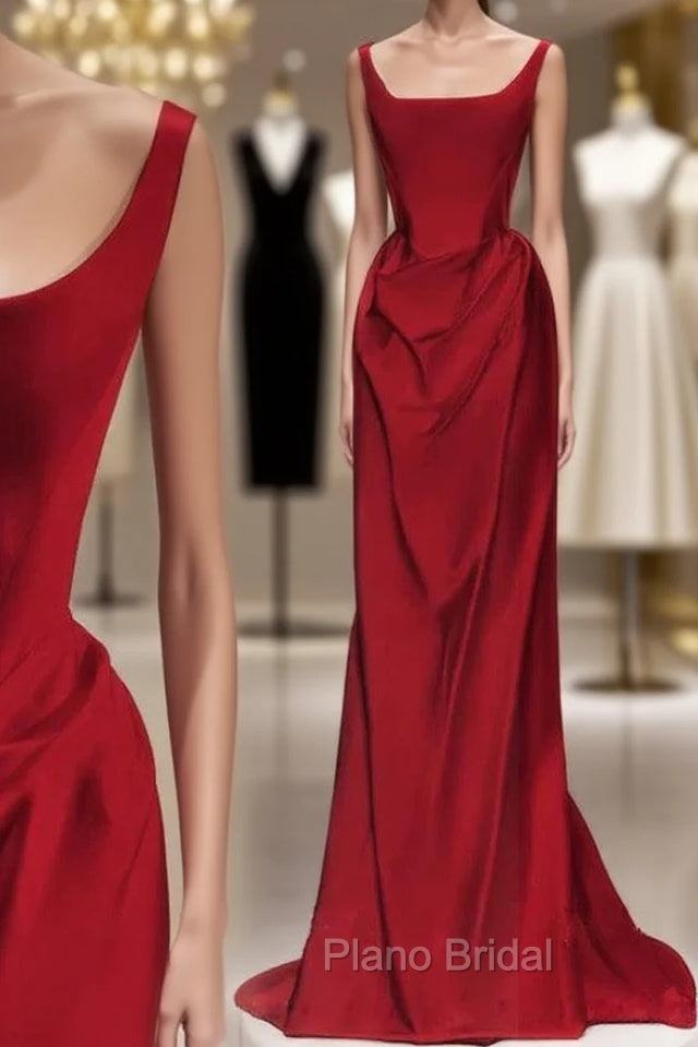 Sexy Mermaid Square Neckline Red Satin Floor Length Formal Prom Dresses