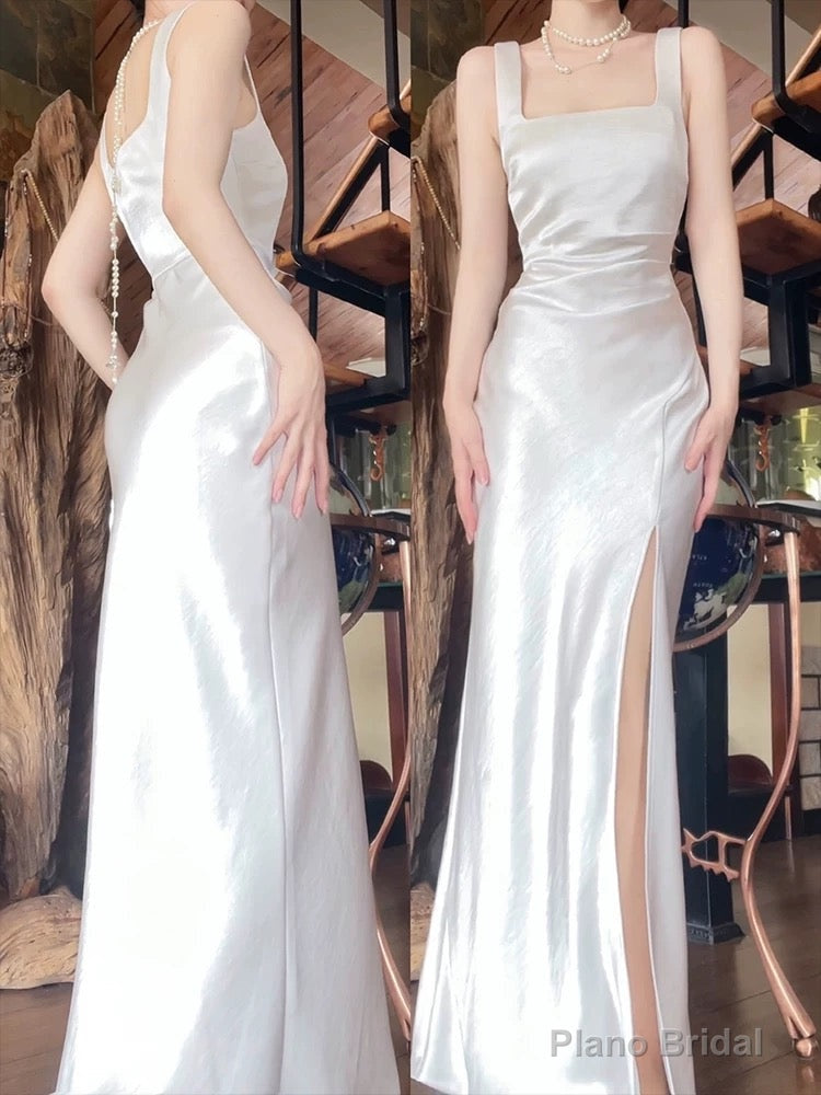 Sexy Mermaid Square Neckline White Slit Long Evening Dress Prom Dresses Birthday Outfits Main image