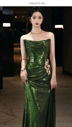 Sexy Mermaid Strapless Dark Green Sequin Long Formal Prom Dresses Formal Evening Gowns