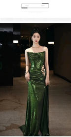 Sexy Mermaid Strapless Dark Green Sequin Long Formal Prom Dresses Formal Evening Gowns