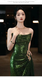 Sexy Mermaid Strapless Dark Green Sequin Long Formal Prom Dresses Formal Evening Gowns