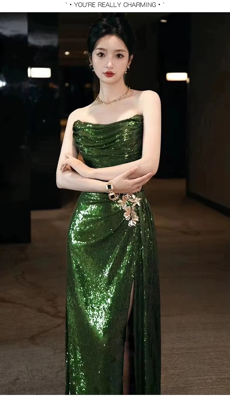 Sexy Mermaid Strapless Dark Green Sequin Long Formal Prom Dresses Formal Evening Gowns
