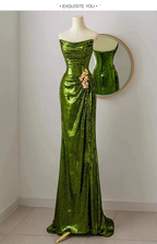 Sexy Mermaid Strapless Dark Green Sequin Long Formal Prom Dresses Formal Evening Gowns