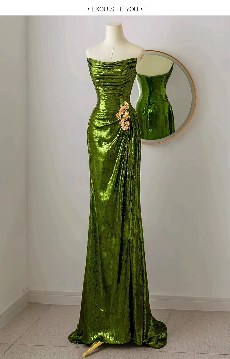 Sexy Mermaid Strapless Dark Green Sequin Long Formal Prom Dresses Formal Evening Gowns