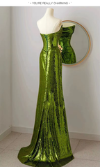 Sexy Mermaid Strapless Dark Green Sequin Long Formal Prom Dresses Formal Evening Gowns