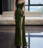 Sexy Mermaid Strapless Dark Green Sequin Long Formal Prom Dresses Formal Evening Gowns