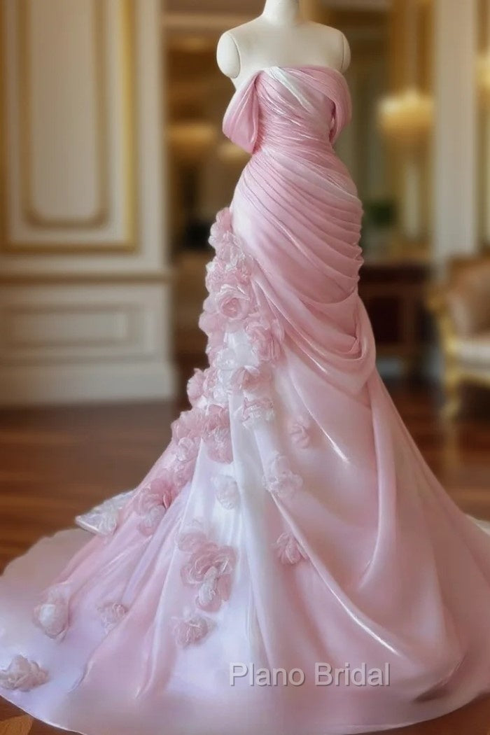 Sexy Mermaid Strapless Pink Long Floral Formal Prom Dresses Party Dresses