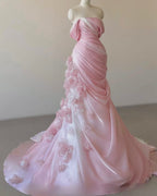 Sexy Mermaid Strapless Pink Long Floral Formal Prom Dresses Party Dresses