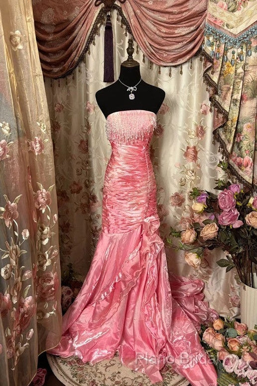 Sexy Mermaid Strapless Pink Satin Long Formal Dresses Party Dresses Formal Prom Dresses