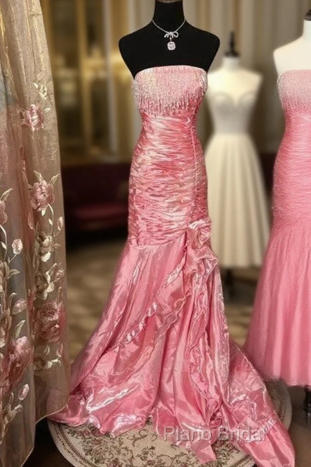 Sexy Mermaid Strapless Pink Satin Long Formal Dresses Party Dresses Formal Prom Dresses Main image