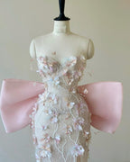 Sexy Mermaid Strapless Pink Sequin Long Floral Formal Prom Dresses Party Dresses