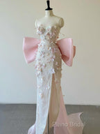 Sexy Mermaid Strapless Pink Sequin Long Floral Formal Prom Dresses Party Dresses