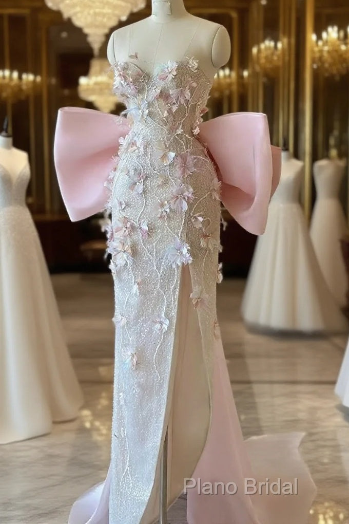 Sexy Mermaid Strapless Pink Sequin Long Floral Formal Prom Dresses Party Dresses Main image