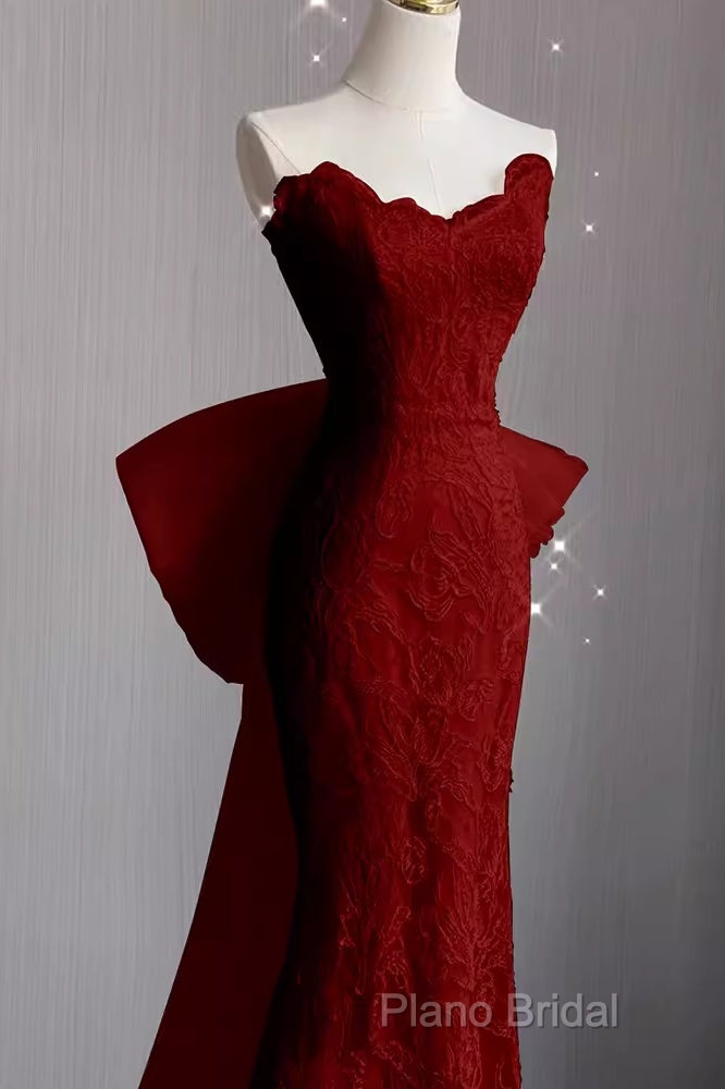 Sexy Mermaid Strapless Red Lace Long Formal Prom Dresses