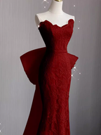 Sexy Mermaid Strapless Red Lace Long Formal Prom Dresses