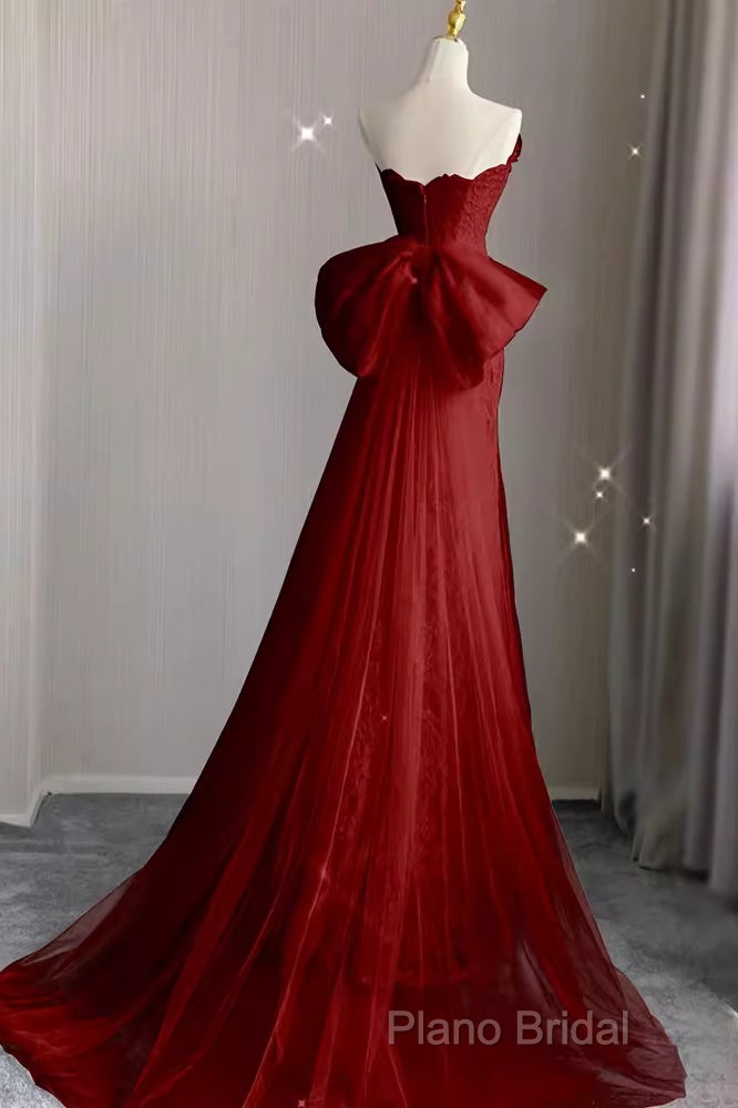 Sexy Mermaid Strapless Red Lace Long Formal Prom Dresses