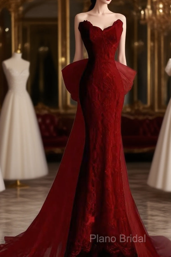 Sexy Mermaid Strapless Red Lace Long Formal Prom Dresses