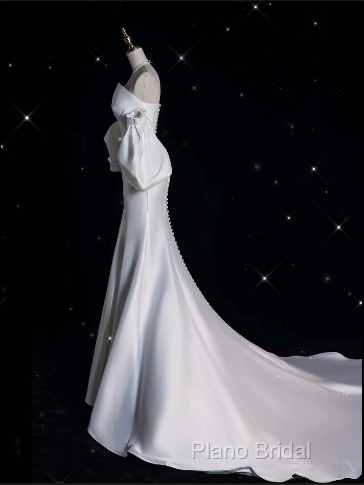 Sexy Mermaid Strapless Short Sleeves White Satin Wedding Dresses Brides Dresses