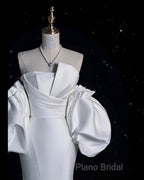 Sexy Mermaid Strapless Short Sleeves White Satin Wedding Dresses Brides Dresses