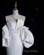 Sexy Mermaid Strapless Short Sleeves White Satin Wedding Dresses Brides Dresses