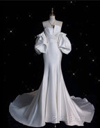 Sexy Mermaid Strapless Short Sleeves White Satin Wedding Dresses Brides Dresses