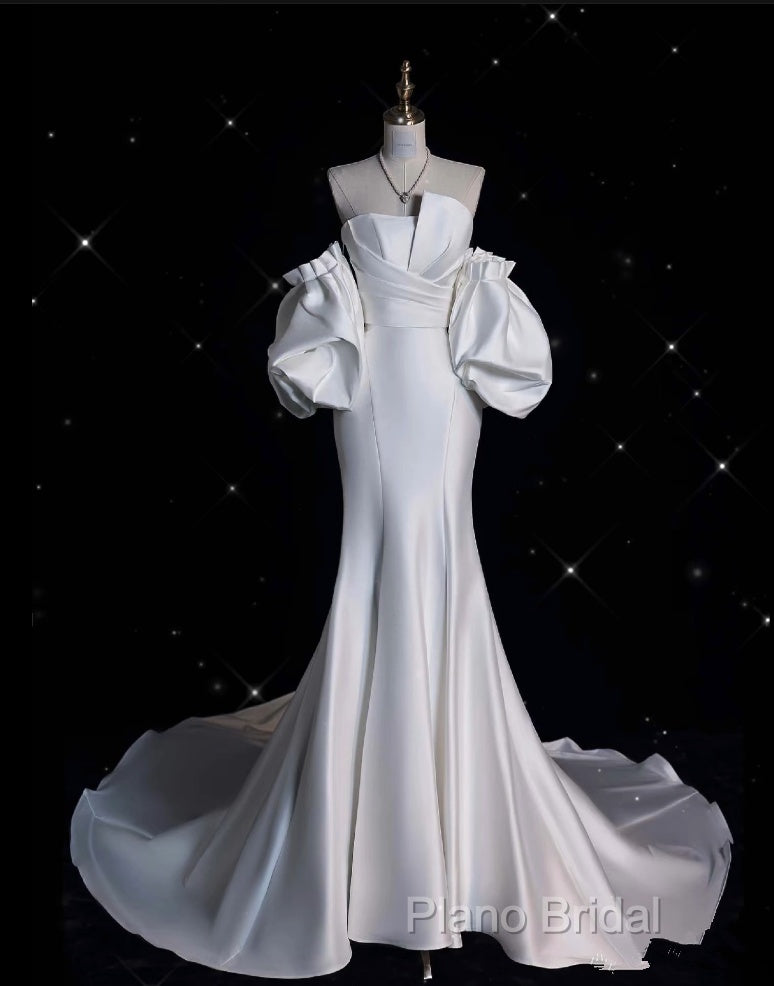 Sexy Mermaid Strapless Short Sleeves White Satin Wedding Dresses Brides Dresses