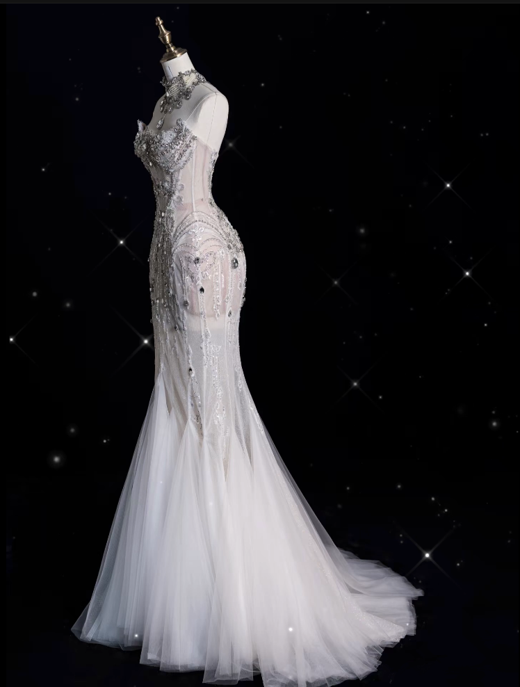 Sexy Mermaid Strapless Tulle With Silver Beads Long Wedding Dresses Brides Dresses Secondary image