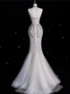 Sexy Mermaid Strapless Tulle With Silver Beads Long Wedding Dresses Brides Dresses