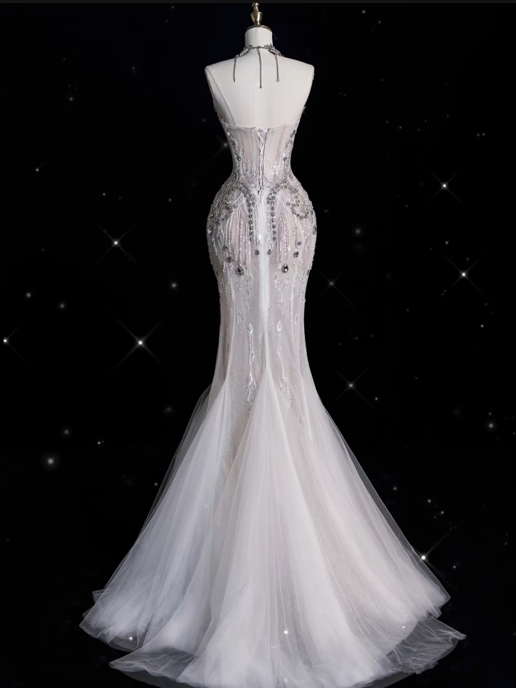 Sexy Mermaid Strapless Tulle With Silver Beads Long Wedding Dresses Brides Dresses