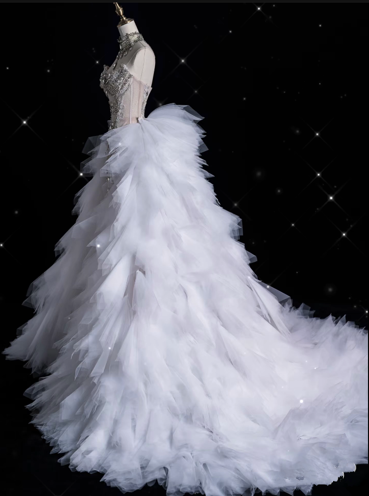 Sexy Mermaid Strapless Tulle With Silver Beads Long Wedding Dresses Brides Dresses