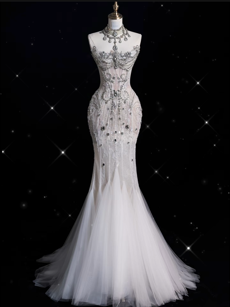 Sexy Mermaid Strapless Tulle With Silver Beads Long Wedding Dresses Brides Dresses Main image