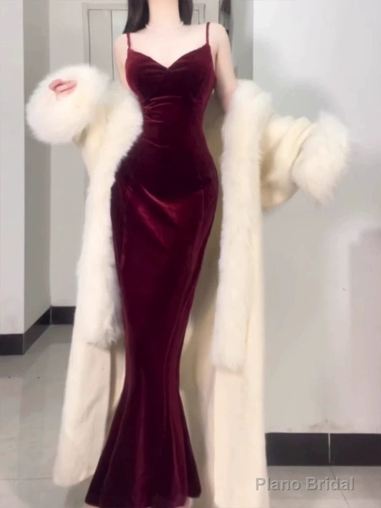 Sexy Mermaid Straps Burgundy Long Evening Dress Prom Dresses Birthday Outfits Main image