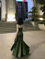 Sexy Mermaid Straps Green Party Dresses Satin Long Formal Prom Dresses