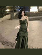 Sexy Mermaid Straps Green Party Dresses Satin Long Formal Prom Dresses