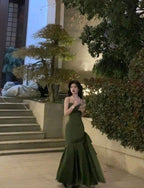 Sexy Mermaid Straps Green Party Dresses Satin Long Formal Prom Dresses